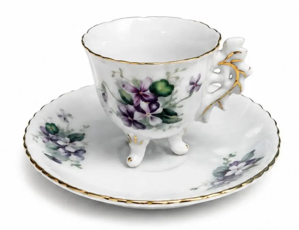 Vintage Footed Demitasse Cup & Saucer Purple Violet Floral Gold Trim Porcelain